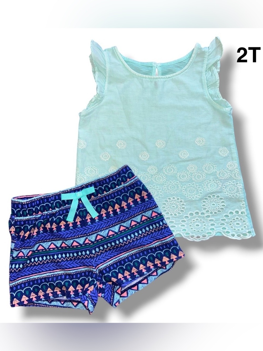 Cherokee Mint Eyelet Tank with Navy Aztec Print Shorts Set Size 2T
